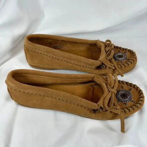 Minnetonka Size 6 Hand Beaded Moccasins Suede Women Loafers Slippers Shoes